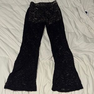 Black Lace Flared Pants with Subtle Sheen